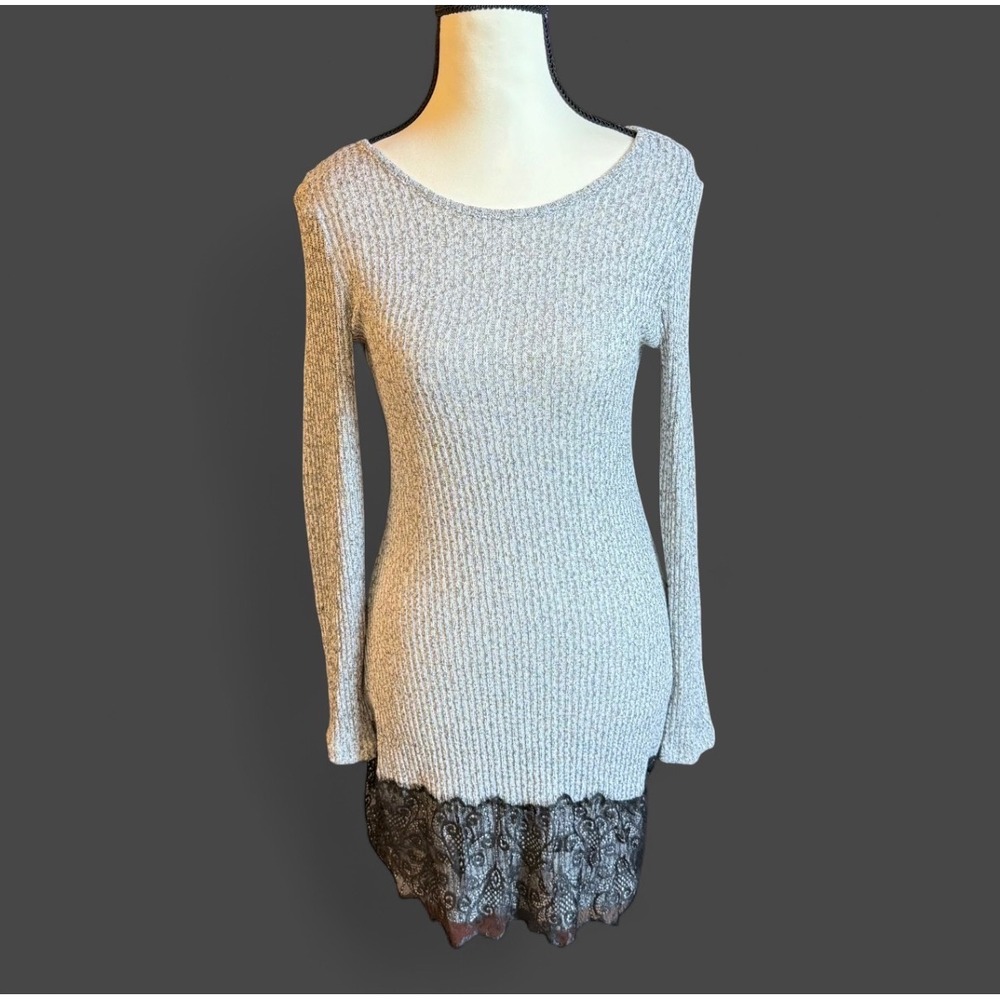 Gray Long Sleeve Lace Trim Sweater Dress